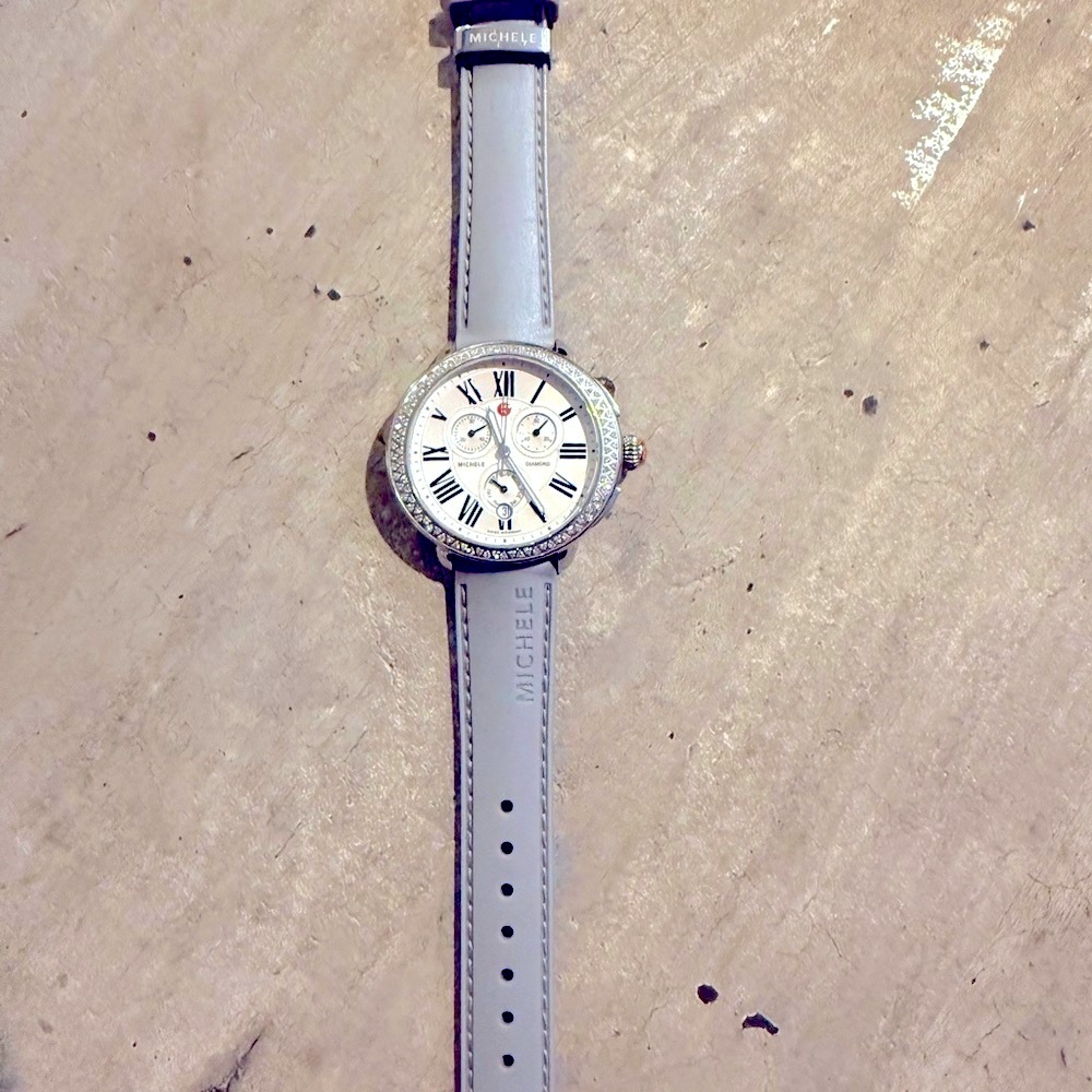 Serein Mid Stainless Steel Diamond Michele Watch with adjustable gray strap